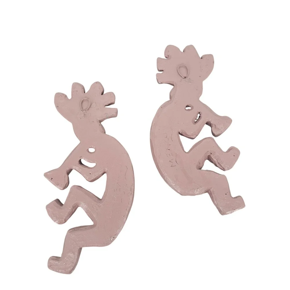 Vintage Kokopelli Wall Art Set 2 Mauve Pink Clay Flute Player Mexico Decor 12